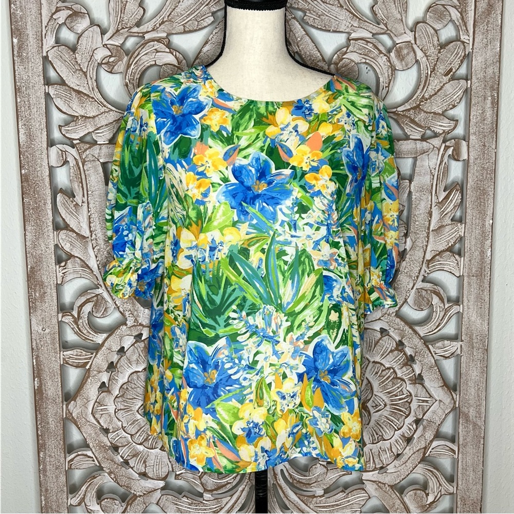 EUC Flying Tomato Yellow and Blue Tropical Floral Blouse Puff Sleeves Sz M